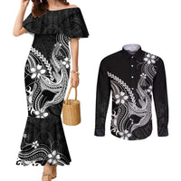 Black Aloha Hawaii Couples Matching Mermaid Dress and Long Sleeve Button Shirt Polynesian Shark Tattoo With Plumeria - Polynesian Pride