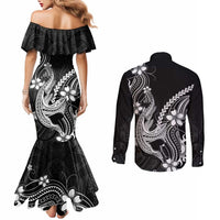 Black Aloha Hawaii Couples Matching Mermaid Dress and Long Sleeve Button Shirt Polynesian Shark Tattoo With Plumeria - Polynesian Pride