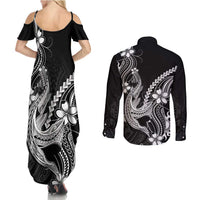 Black Aloha Hawaii Couples Matching Summer Maxi Dress and Long Sleeve Button Shirt Polynesian Shark Tattoo With Plumeria - Polynesian Pride