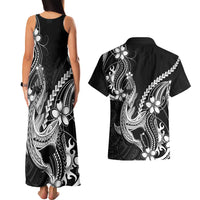 Black Aloha Hawaii Couples Matching Tank Maxi Dress and Hawaiian Shirt Polynesian Shark Tattoo With Plumeria - Polynesian Pride