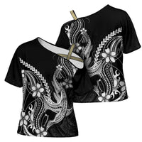 Black Aloha Hawaii Cross Shoulder Shirt Polynesian Shark Tattoo With Plumeria LT14 - Polynesian Pride
