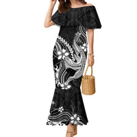Black Aloha Hawaii Family Matching Mermaid Dress and Hawaiian Shirt Polynesian Shark Tattoo With Plumeria - Polynesian Pride