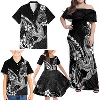 Black Aloha Hawaii Family Matching Off Shoulder Maxi Dress and Hawaiian Shirt Polynesian Shark Tattoo With Plumeria - Polynesian Pride
