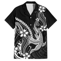 Black Aloha Hawaii Family Matching Off Shoulder Short Dress and Hawaiian Shirt Polynesian Shark Tattoo With Plumeria - Polynesian Pride