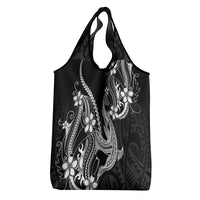 Black Aloha Hawaii Grocery Bag Polynesian Shark Tattoo With Plumeria - Polynesian Pride