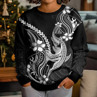 Black Aloha Hawaii Kid Ugly Christmas Sweater Polynesian Shark Tattoo With Plumeria - Polynesian Pride