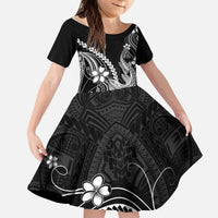 Black Aloha Hawaii Kid Short Sleeve Dress Polynesian Shark Tattoo With Plumeria - Polynesian Pride
