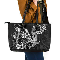 Black Aloha Hawaii Leather Tote Bag Polynesian Shark Tattoo With Plumeria LT14 - Polynesian Pride