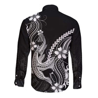 Black Aloha Hawaii Long Sleeve Button Shirt Polynesian Shark Tattoo With Plumeria - Polynesian Pride
