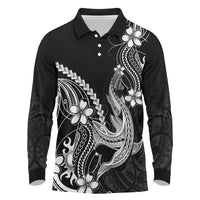 Black Aloha Hawaii Long Sleeve Polo Shirt Polynesian Shark Tattoo With Plumeria - Polynesian Pride