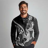 Black Aloha Hawaii Long Sleeve Polo Shirt Polynesian Shark Tattoo With Plumeria - Polynesian Pride