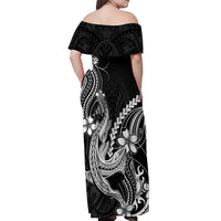 Black Aloha Hawaii Off Shoulder Maxi Dress Polynesian Shark Tattoo With Plumeria - Polynesian Pride