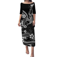 Black Aloha Hawaii Puletasi Polynesian Shark Tattoo With Plumeria - Polynesian Pride