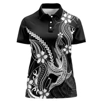 Black Aloha Hawaii Women Polo Shirt Polynesian Shark Tattoo With Plumeria - Polynesian Pride