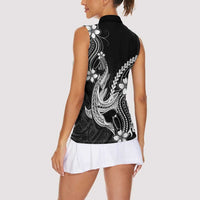 Black Aloha Hawaii Women Sleeveless Polo Shirt Polynesian Shark Tattoo With Plumeria - Polynesian Pride