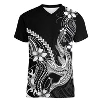 Black Aloha Hawaii Women V-Neck T-Shirt Polynesian Shark Tattoo With Plumeria - Polynesian Pride
