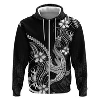 Black Aloha Hawaii Zip Hoodie Polynesian Shark Tattoo With Plumeria - Polynesian Pride