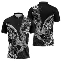 Black Aloha Hawaii Zipper Polo Shirt Polynesian Shark Tattoo With Plumeria - Polynesian Pride