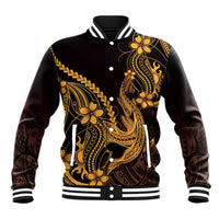 Gold Black Aloha Hawaii Baseball Jacket Polynesian Shark Tattoo With Plumeria - Polynesian Pride