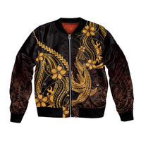 Gold Black Aloha Hawaii Bomber Jacket Polynesian Shark Tattoo With Plumeria - Polynesian Pride