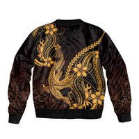 Gold Black Aloha Hawaii Bomber Jacket Polynesian Shark Tattoo With Plumeria - Polynesian Pride