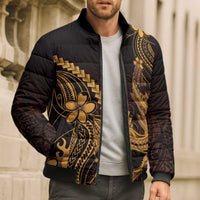 Gold Black Aloha Hawaii Bomber Puffer Jacket Polynesian Shark Tattoo With Plumeria - Polynesian Pride