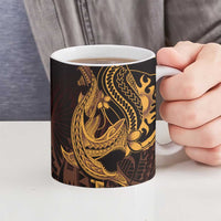 Gold Black Aloha Hawaii Ceramic Mug Polynesian Shark Tattoo With Plumeria - Polynesian Pride