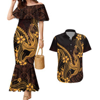 Gold Black Aloha Hawaii Couples Matching Mermaid Dress and Hawaiian Shirt Polynesian Shark Tattoo With Plumeria - Polynesian Pride