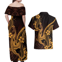 Gold Black Aloha Hawaii Couples Matching Off Shoulder Maxi Dress and Hawaiian Shirt Polynesian Shark Tattoo With Plumeria - Polynesian Pride