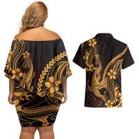 Gold Black Aloha Hawaii Couples Matching Off Shoulder Short Dress and Hawaiian Shirt Polynesian Shark Tattoo With Plumeria - Polynesian Pride