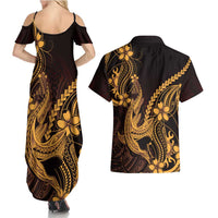 Gold Black Aloha Hawaii Couples Matching Summer Maxi Dress and Hawaiian Shirt Polynesian Shark Tattoo With Plumeria - Polynesian Pride