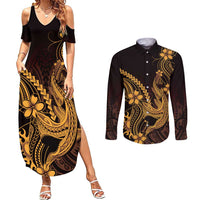 Gold Black Aloha Hawaii Couples Matching Summer Maxi Dress and Long Sleeve Button Shirt Polynesian Shark Tattoo With Plumeria - Polynesian Pride