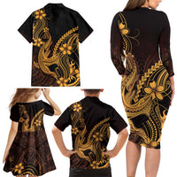 Gold Black Aloha Hawaii Family Matching Long Sleeve Bodycon Dress and Hawaiian Shirt Polynesian Shark Tattoo With Plumeria - Polynesian Pride