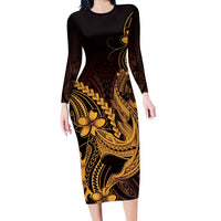 Gold Black Aloha Hawaii Family Matching Long Sleeve Bodycon Dress and Hawaiian Shirt Polynesian Shark Tattoo With Plumeria - Polynesian Pride
