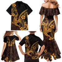 Gold Black Aloha Hawaii Family Matching Mermaid Dress and Hawaiian Shirt Polynesian Shark Tattoo With Plumeria - Polynesian Pride
