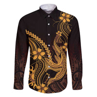 Gold Black Aloha Hawaii Family Matching Mermaid Dress and Hawaiian Shirt Polynesian Shark Tattoo With Plumeria - Polynesian Pride