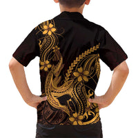 Gold Black Aloha Hawaii Family Matching Off The Shoulder Long Sleeve Dress and Hawaiian Shirt Polynesian Shark Tattoo With Plumeria - Polynesian Pride