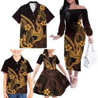Gold Black Aloha Hawaii Family Matching Off The Shoulder Long Sleeve Dress and Hawaiian Shirt Polynesian Shark Tattoo With Plumeria - Polynesian Pride