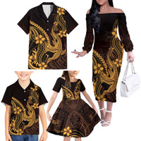 Gold Black Aloha Hawaii Family Matching Off The Shoulder Long Sleeve Dress and Hawaiian Shirt Polynesian Shark Tattoo With Plumeria - Polynesian Pride