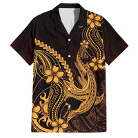 Gold Black Aloha Hawaii Family Matching Off The Shoulder Long Sleeve Dress and Hawaiian Shirt Polynesian Shark Tattoo With Plumeria - Polynesian Pride