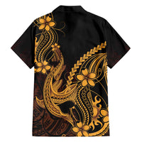 Gold Black Aloha Hawaii Family Matching Off The Shoulder Long Sleeve Dress and Hawaiian Shirt Polynesian Shark Tattoo With Plumeria - Polynesian Pride