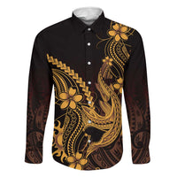Gold Black Aloha Hawaii Family Matching Off The Shoulder Long Sleeve Dress and Hawaiian Shirt Polynesian Shark Tattoo With Plumeria - Polynesian Pride