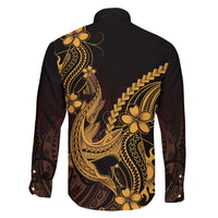 Gold Black Aloha Hawaii Family Matching Off The Shoulder Long Sleeve Dress and Hawaiian Shirt Polynesian Shark Tattoo With Plumeria - Polynesian Pride