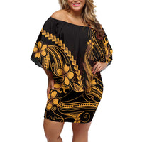 Gold Black Aloha Hawaii Family Matching Off Shoulder Short Dress and Hawaiian Shirt Polynesian Shark Tattoo With Plumeria - Polynesian Pride