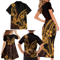 Gold Black Aloha Hawaii Family Matching Short Sleeve Bodycon Dress and Hawaiian Shirt Polynesian Shark Tattoo With Plumeria - Polynesian Pride
