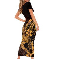 Gold Black Aloha Hawaii Family Matching Short Sleeve Bodycon Dress and Hawaiian Shirt Polynesian Shark Tattoo With Plumeria - Polynesian Pride