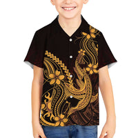 Gold Black Aloha Hawaii Family Matching Tank Maxi Dress and Hawaiian Shirt Polynesian Shark Tattoo With Plumeria LT14 Son's Shirt Gold - Polynesian Pride