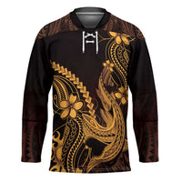 Gold Black Aloha Hawaii Hockey Jersey Polynesian Shark Tattoo With Plumeria LT14 Unisex Gold - Polynesian Pride
