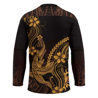 Gold Black Aloha Hawaii Hockey Jersey Polynesian Shark Tattoo With Plumeria - Polynesian Pride