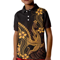 Gold Black Aloha Hawaii Kid Polo Shirt Polynesian Shark Tattoo With Plumeria - Polynesian Pride
